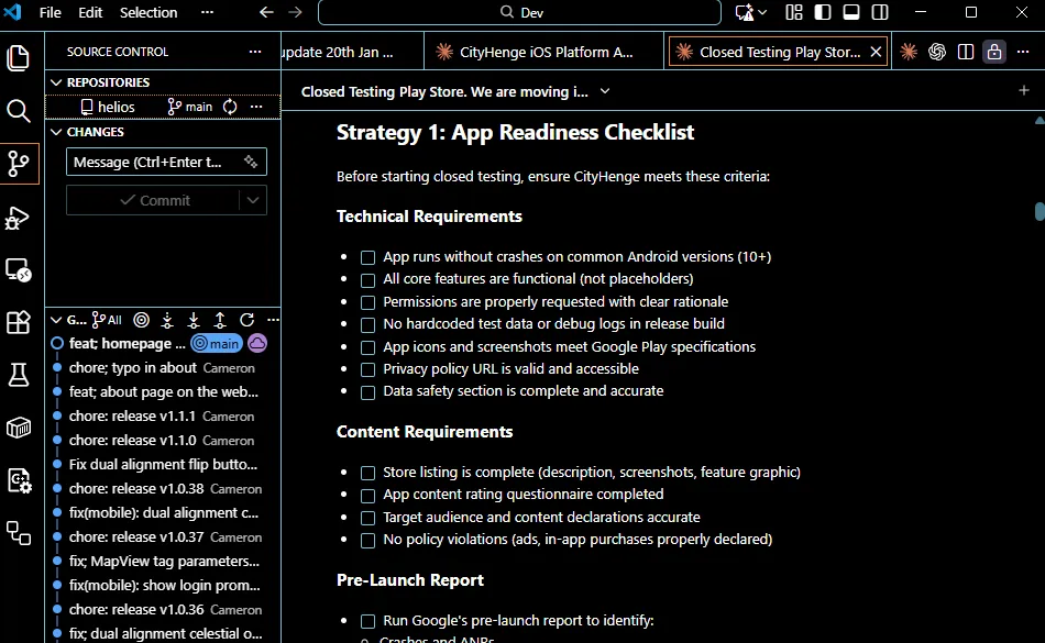Screenshot of VS Code showing the CityHenge repository commit history beside an app readiness checklist for a closed Play Store test.