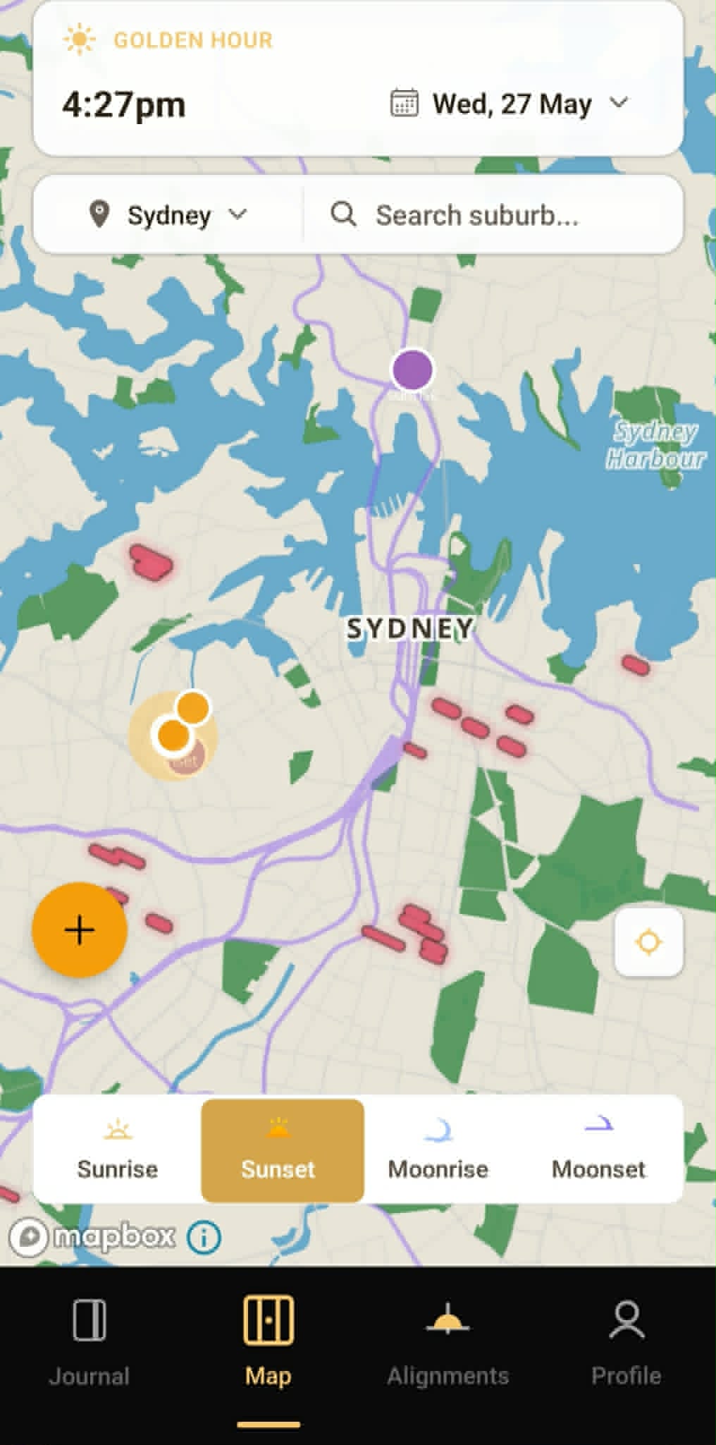 CityHenge mobile app showing a sun-alignment street view