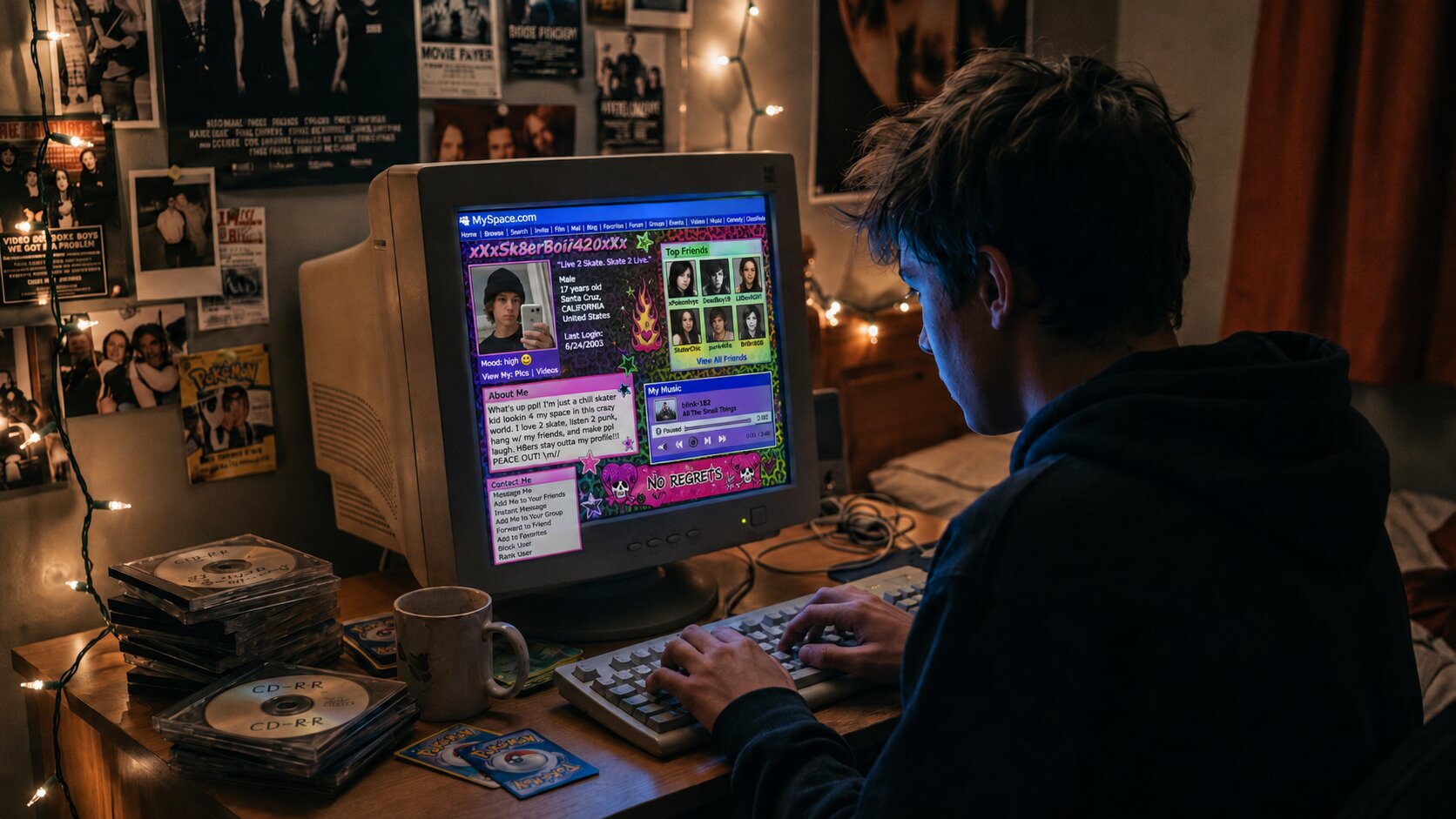 A teenager seen from behind at night, lit only by a glowing screen, hand-editing a cluttered, colourful personal web page in a bedroom covered with band posters and fairy lights.
